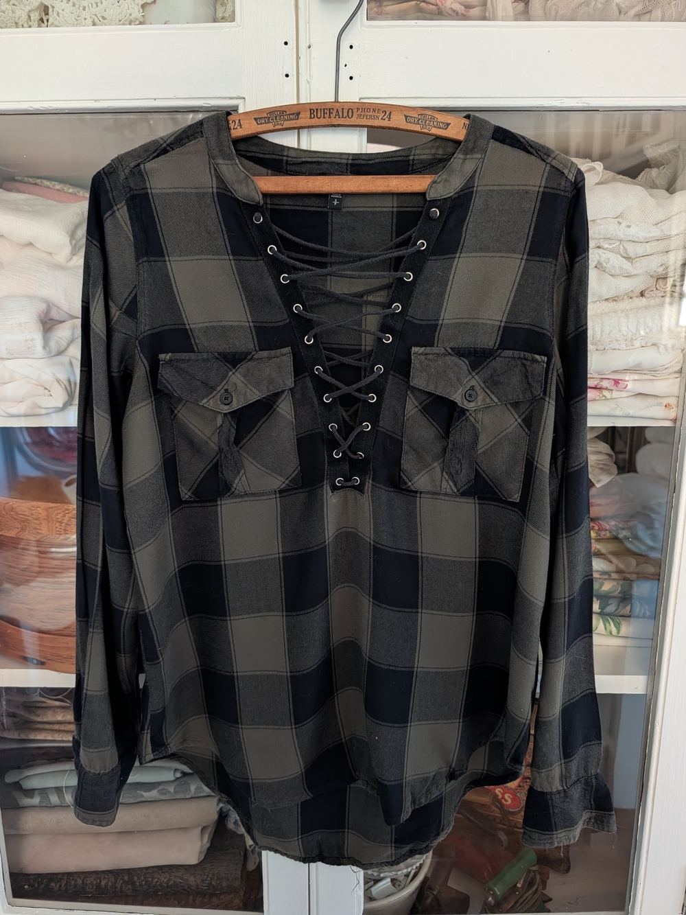 Express Olive & Black Plaid Lace-Up Front Tunic – Size Small